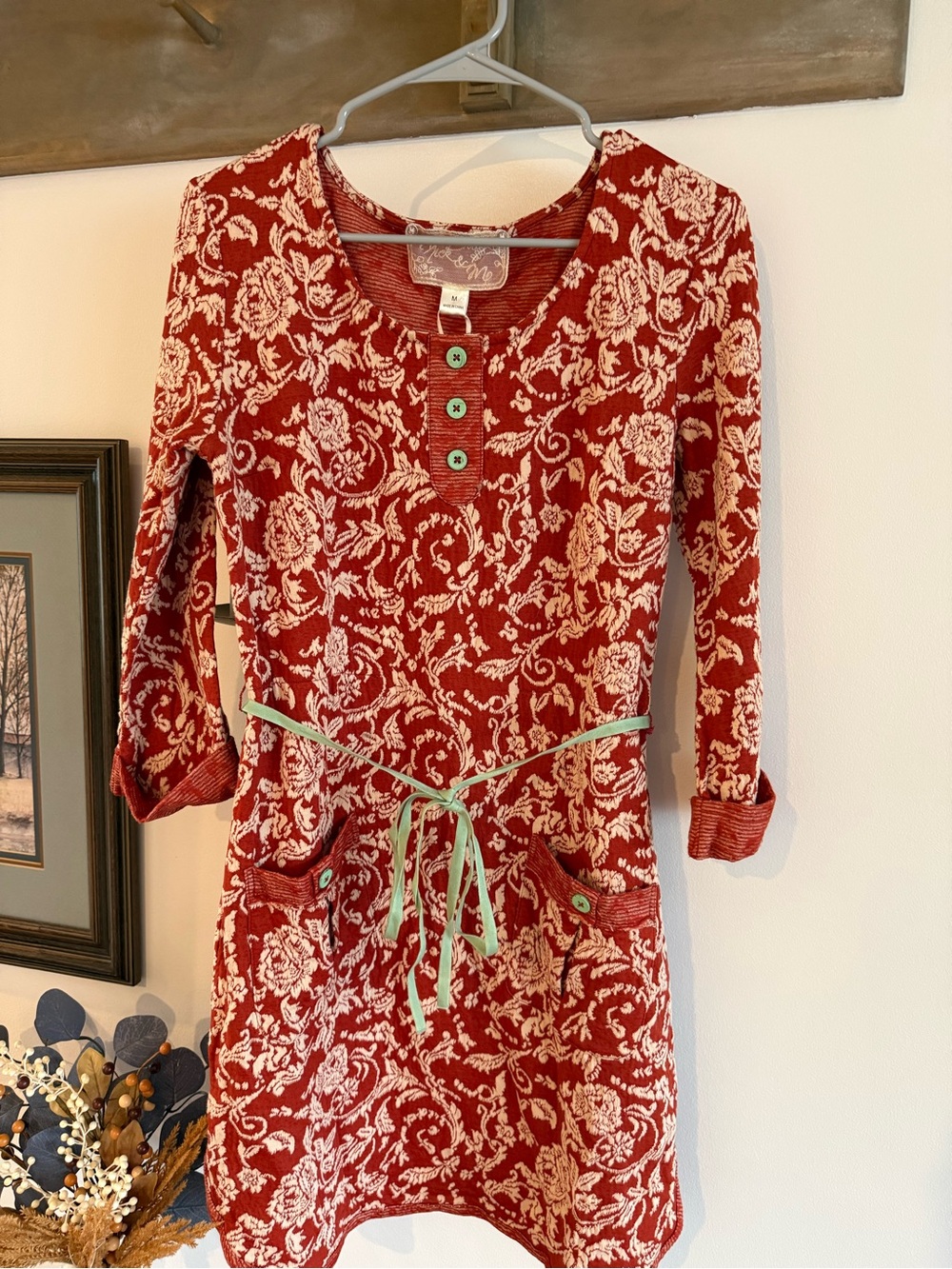 Nick & Mo Red Knit Dress with Cream Floral and Mint Buttons